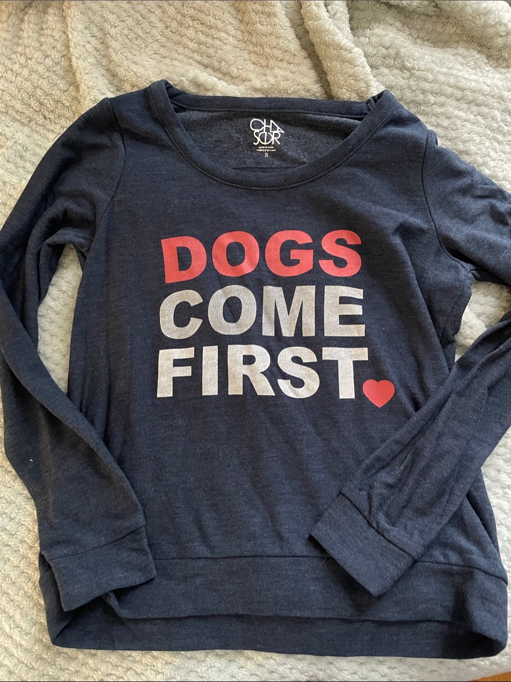 Chaser Navy Sweatshirt with Red and White DOGS COME FIRST Graphic